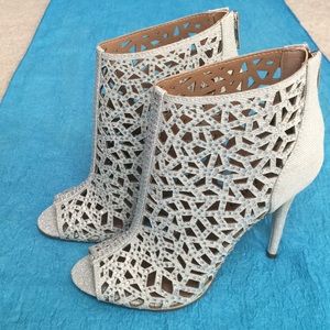 Silver Rhinestoned Cut-Out Bootie Heels